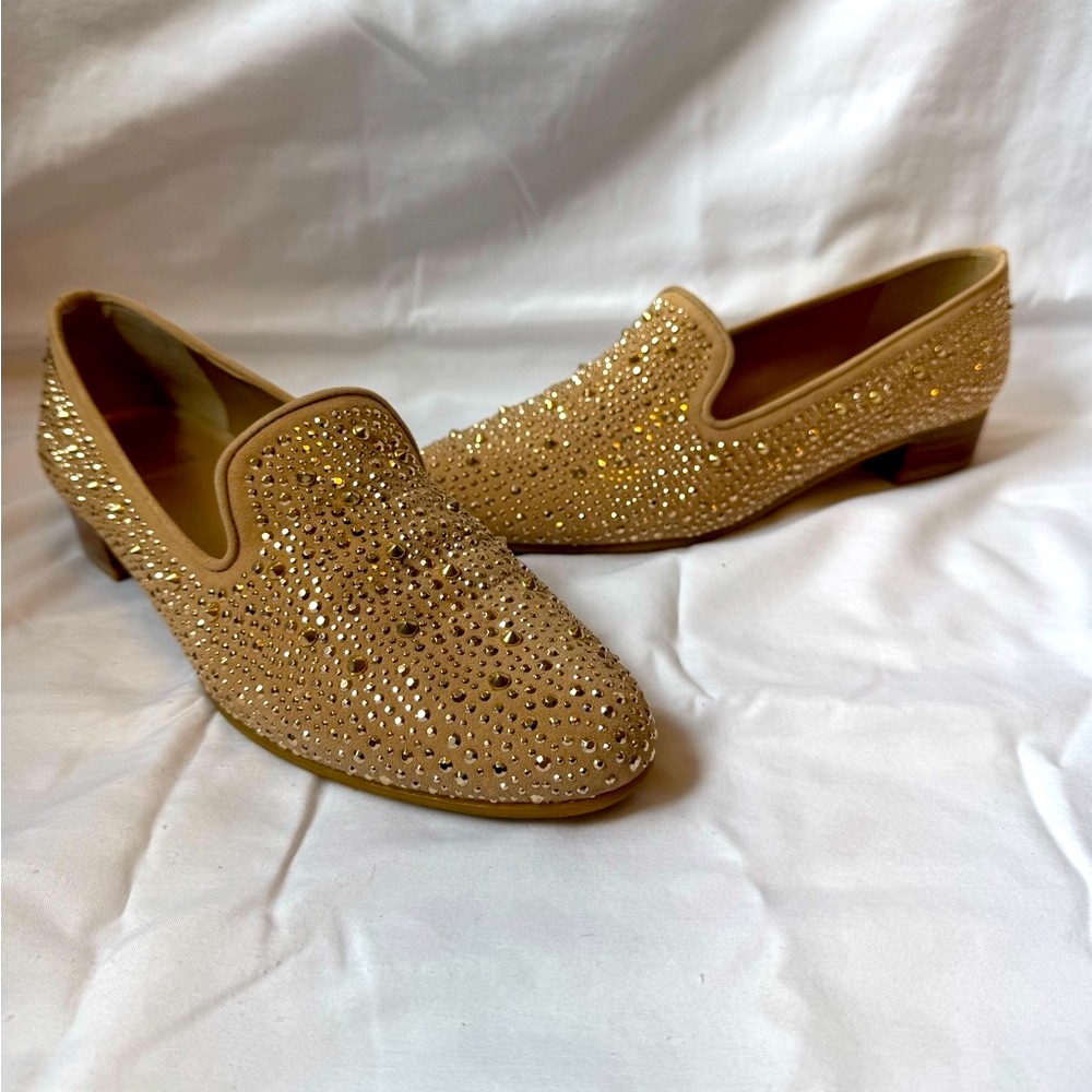 Stuart Weitzman Tan Loafers with Rhinestone Detailing